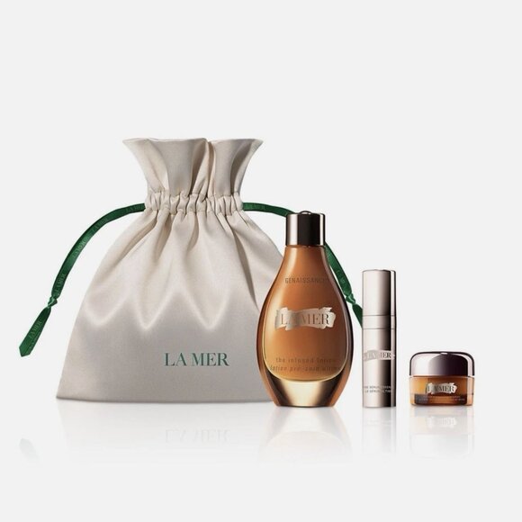 La Mer Genaissance 4 p Travel Gift set: Infused Lotion Serum Eye Cream Pouch New - Picture 1 of 5